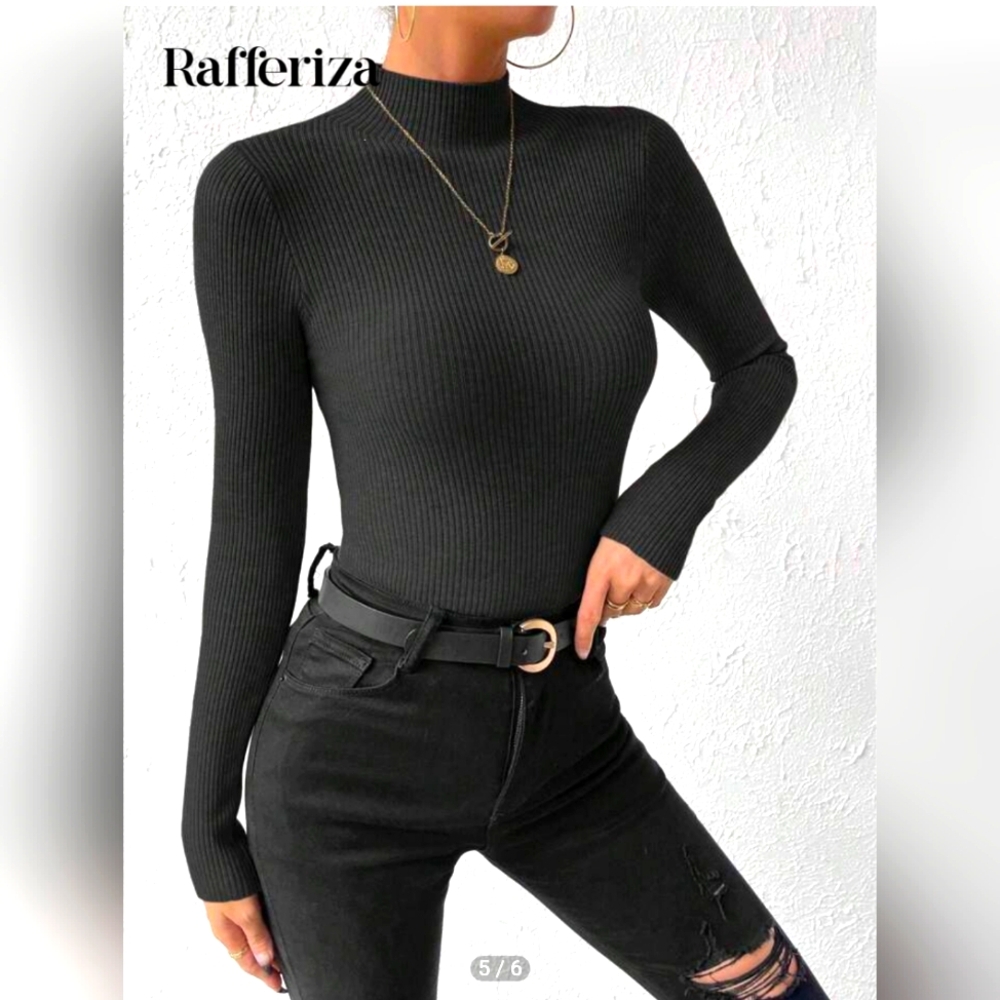 Women's Black Ribbed‎ Long Sleeve Top